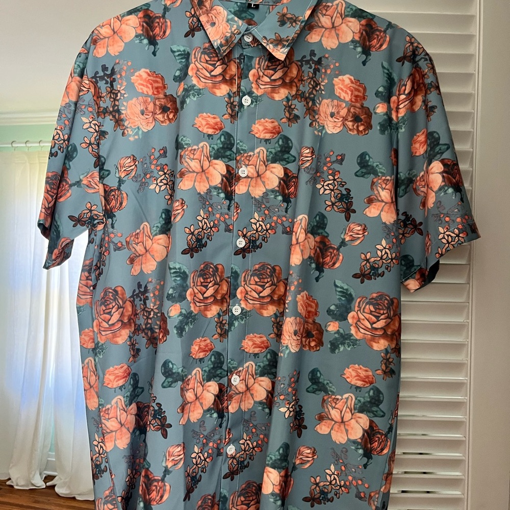 Urban Outfitters Blue and Orange Floral Men's Shirt